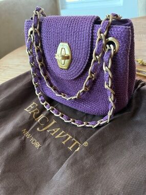 Eric Javits Purple Straw Crossbody with Gold-Tone Chain Strap